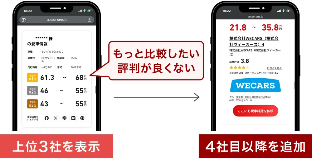 比較する車買取業者を後から追加できる